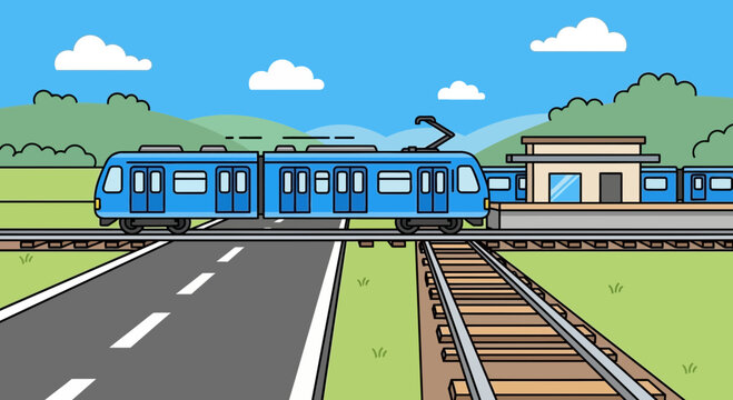 Blue modern train on tracks at station with road and green landscape illustration