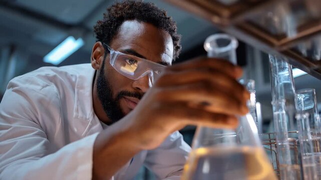 A scientist in a lab coat examines, A scientist wearing a lab coat inspects a sample with a microscope