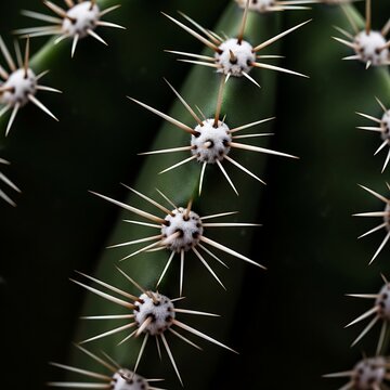 Macro view of sharp cactus thorns and white woolly areoles on plant surface.