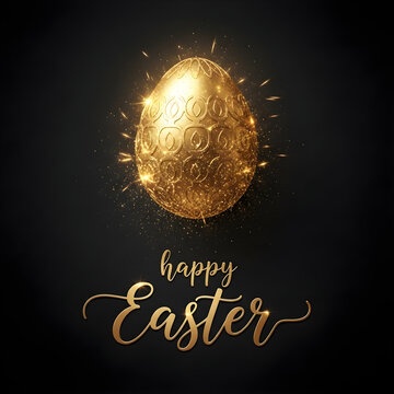 Golden egg on glittering dust for celebration of happy Easter. Hand-drawn text happy easter on vintage banner in brush strokes style. Concept of poster for hunt for Easter eggs Vector 3d illustration
