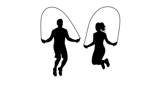 Silhouette of a man and woman jumping rope enjoying physical activity