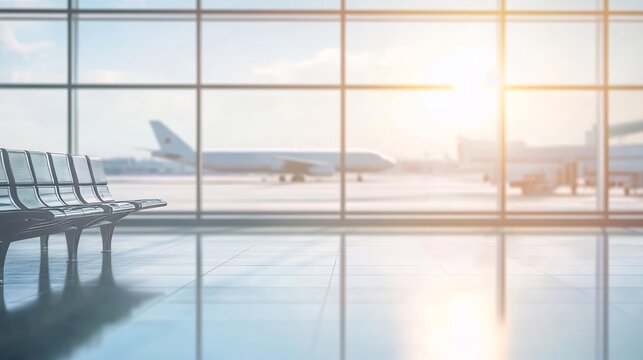 Passengers wait by empty metal chairs at the airport near a large window with a view of planes on the runway during the morning