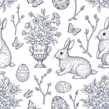 Easter rabbit seamless vector pattern with eggs flowers vintage toile style holiday design