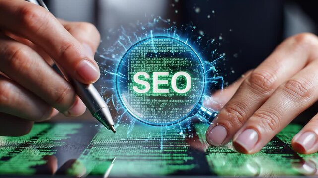 Hands using a magnifying glass to examine the word SEO on a digital screen, representing search engine optimization analysis.