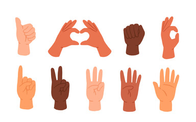 Fototapeta premium Diverse hands gestures set, multiracial skin tones, thumbs up, heart, fist, ok sign, counting fingers, vector illustration isolated