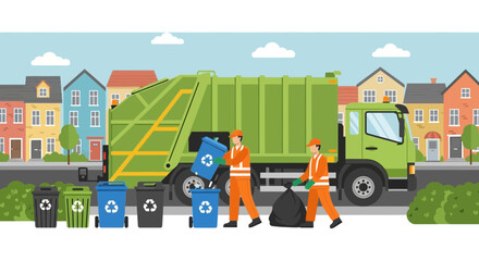 Fototapeta premium Garbage Truck and Workers Collecting Recycling Bins on a Residential Street