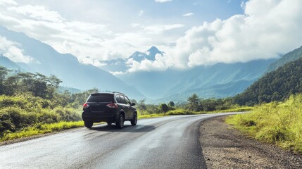 Fototapeta premium Mountain road trip in a black SUV with scenic views and cloudy sky in the background during daytime hours