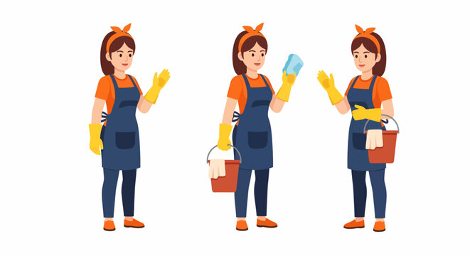 Three cartoon female janitors in various cleaning poses.