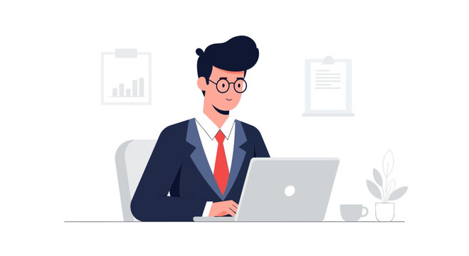 Businessman working on laptop in modern office, flat illustration style