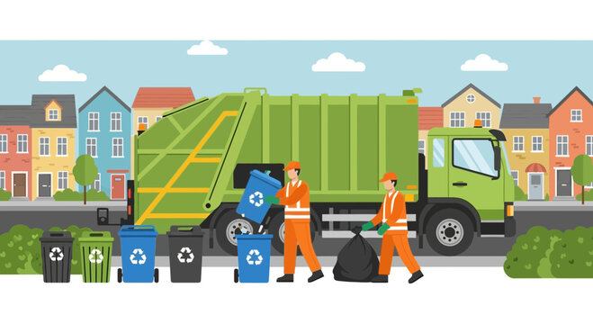 Garbage Truck and Workers Collecting Recycling Bins on a Residential Street