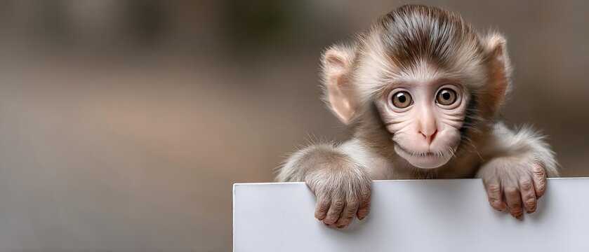 Cute cartoon monkey holds blank sign with bright eyes and simple background in soft colors for advertising space or creative projects