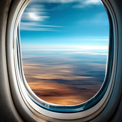 Fototapeta premium Golden sunrise shines through an airplane window above the clouds. Warm light, open sky, and a serene aerial view create an inspiring travel scene.