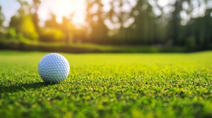 Obraz premium Golf ball on the grass waiting for a player at the course during sunset in the evening light