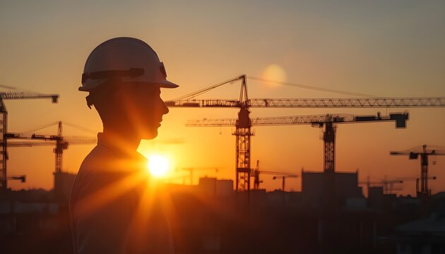 A construction worker in a hard hat stands in front of a city skyline at sunset with cranes in the background.