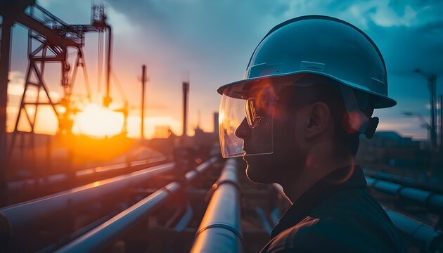 A construction worker wearing a hard hat and safety goggles stands in front of industrial pipes at sunset