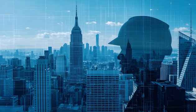 A futuristic cityscape with a silhouette of a man wearing a baseball cap, set against a blue urban landscape with skyscrapers and a grid pattern.