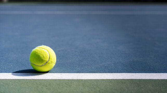 Close-up of a tennis ball resting on a blue hard court beside a white line. Bright sunlight and shallow depth of field create a clean, dynamic sports scene.