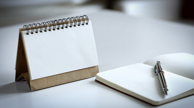 Blank desk calendar with an open notebook and pen on a clean white office desk. Soft light and a minimal workspace create a neat planning and productivity scene.