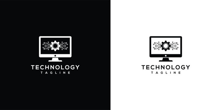 Digital Technology Logo with Gear and Data Network Icon on Monitor Screen