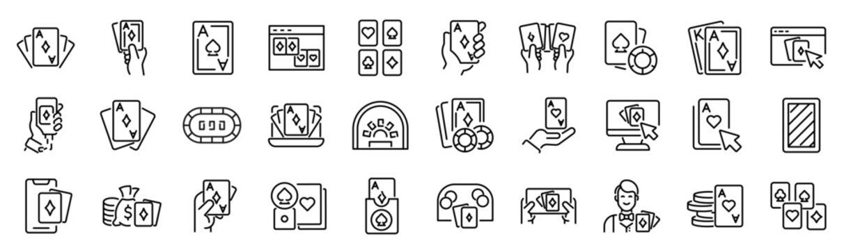 Set of 30 outline icons related to playing cards. Linear icon collection. Editable stroke. Vector illustration