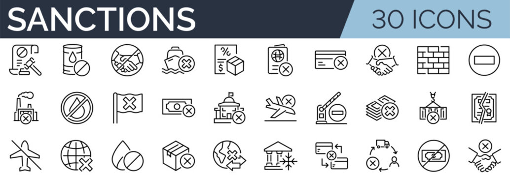 Set of 30 outline icons related to sanctions. Linear icon collection. Editable stroke. Vector illustration