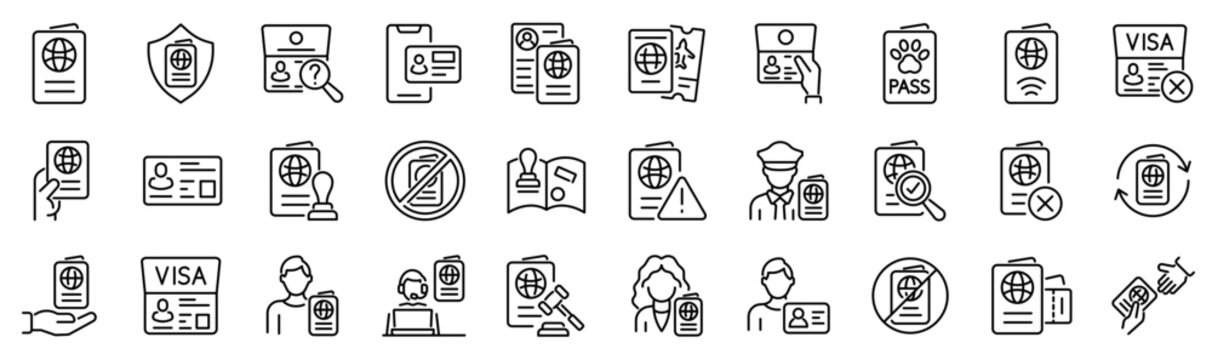Set of 30 outline icons related to passport. Linear icon collection. Editable stroke. Vector illustration
