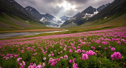 Fototapeta premium Vibrant pink flowers blooming in a mountain valley with snowy peaks and cloudy sky