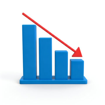 A blue bar graph with a red arrow pointing downward isolated on white background
