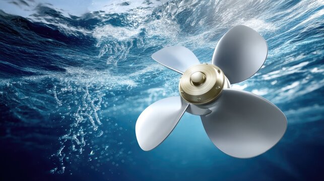 Close-up view of a ship propeller underwater with waves in the background showcasing sea transport and engine details for a banner