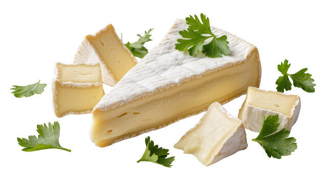 Wedge of creamy brie cheese with parsley garnish, isolated on transparent background
