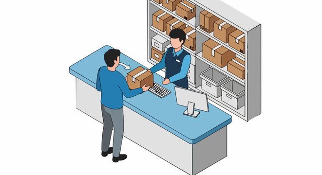 Isometric Illustration of a Customer Handing a Package to a Worker at a Post Office Counter or Retail Delivery Pickup Point