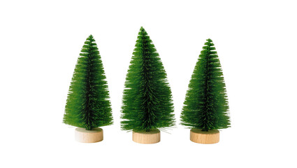 Naklejka premium Small Green Miniature Christmas Trees on Wooden Bases