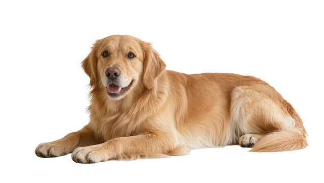 Golden Retriever dog lying down happy expression, isolated on transparent background