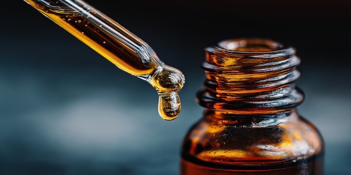 High contrast image of a glass dropper with amber liquid hanging over a bottle, emphasizing the purity and concentration of essential oils used in professional pharmaceutical labs.