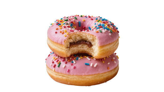 Stacked pink frosted donuts with colorful sprinkles and bite marks