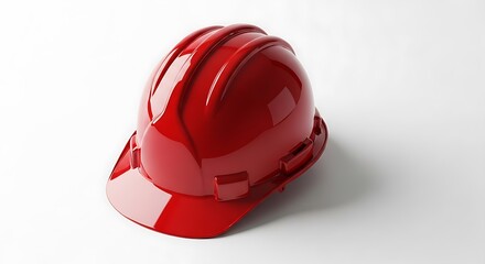 Fototapeta premium Glossy, bright red safety helmet on a plain white background, slightly angled, studio shot