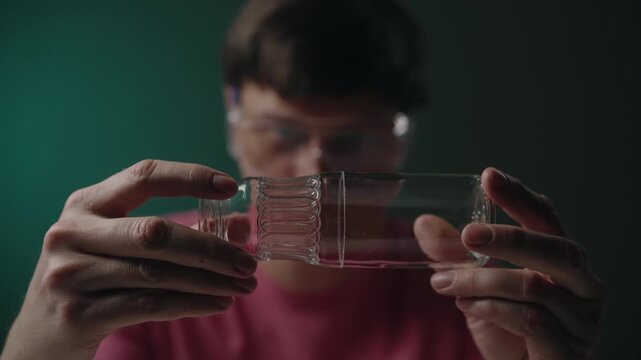 Concentrated craftsman wearing safety goggles checking glass bottle preparation to upcycling and sustainable crafting. Diy project for recycling and creating custom glassware and reusing old bottles.