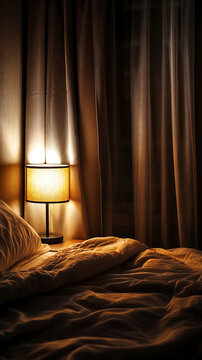 Warm bedside lamp glows beside an unmade bed and dark curtains, creating a calm and cozy nighttime bedroom atmosphere with soft amber light.