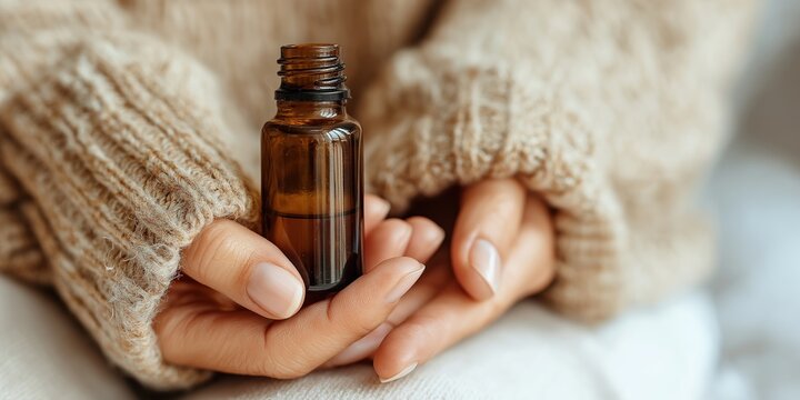 Close up of a woman's hands in a beige knitted sweater holding a glass dropper bottle for natural essential oil therapy and holistic skin care routine.