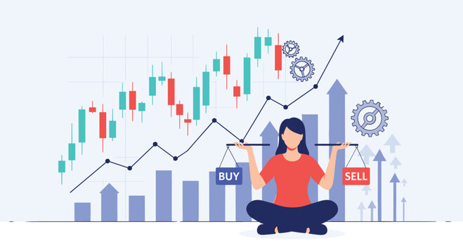 Woman balancing buy and sell scales against a backdrop of financial trading charts and rising stock market indicators.