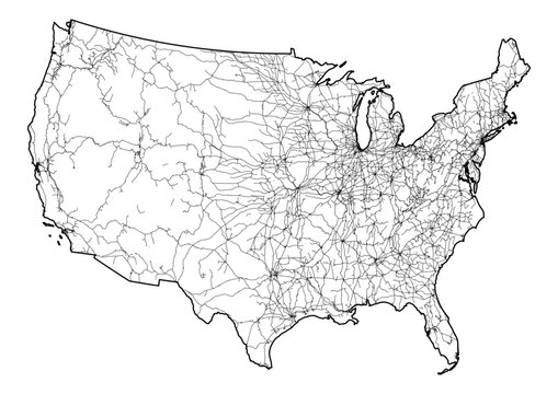 USA CONUS active railway network map contiguous national isolated outline vector cartography logistics transit freight infrastructure