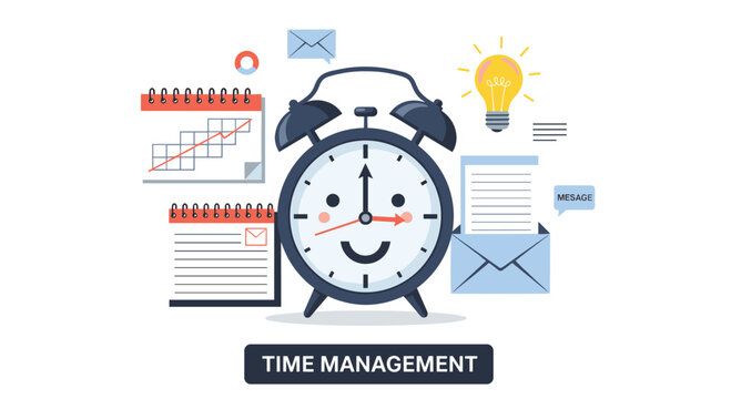 Effective time management concept with a friendly alarm clock face surrounded by a calendar lightbulb and emails.
