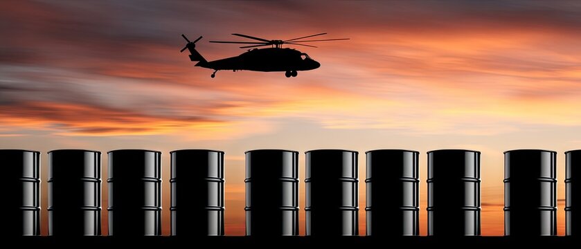 Helicopter flies over oil barrels at dusk in a high contrast scene with a dark sky