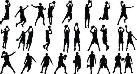 Silhouettes of Basketball Players in Different Action Poses, Dynamic Sports Illustration for Athletics and Team Sports © MdTobarak