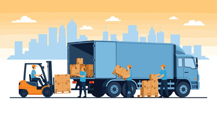 Fototapeta premium Workers loading a large blue delivery truck with cardboard boxes using a forklift in an urban industrial setting.