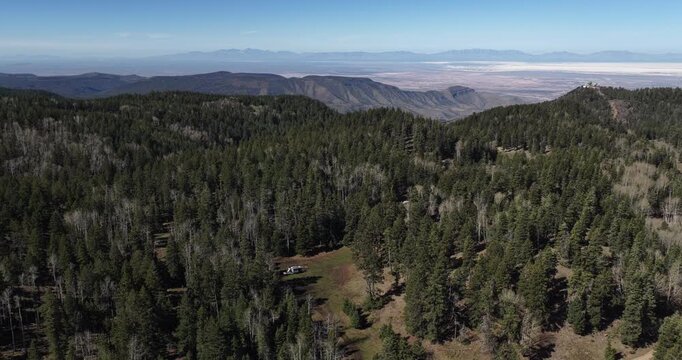 Aerial of RV camped in Cloudcroft New Mexico above white sands national park in Lincoln National Forest
