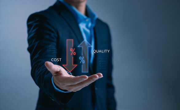 Business professional presenting cost reduction and quality improvement concept with digital arrows, financial efficiency, performance optimization, strategic management and modern corporate analysis