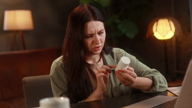 Woman Reviews Medication. Lady Scrutinizes Prescription Label While Working On Computer. Woman At Her Residence Carefully Inspecting Medication Label Amidst Work And Lighting