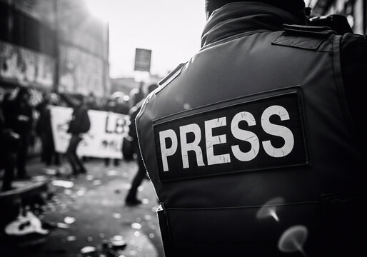 Monochrome Waist Up Press Vest Reporter During Demonstration Event