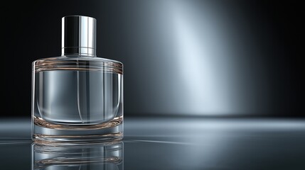 Naklejka premium Modern minimalist perfume bottle made of thick clear glass with a silver chrome cap on a dark metallic reflective surface with dramatic studio lighting for masculine fragrance.